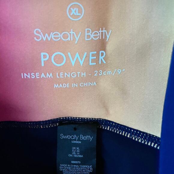 Sweaty Betty Power 9” Biker Shorts Navy Blue Rainbow Trim Pocket XL High Waist - Picture 8 of 8